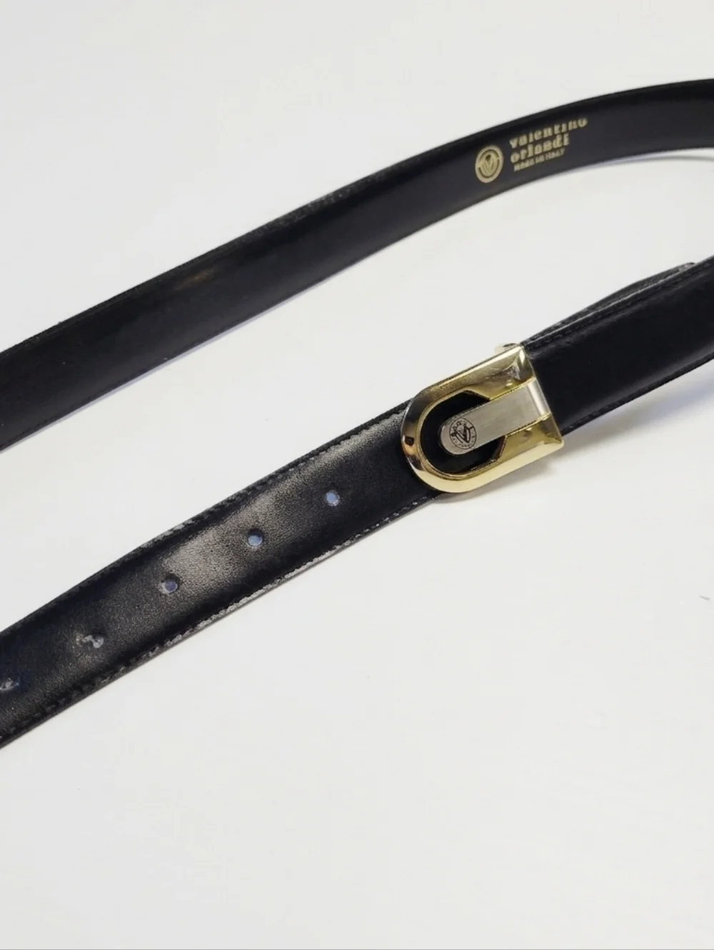 Valentino Orlandi Italy Leather Belt Size 125 Logo Crest Gold Silver Buckle